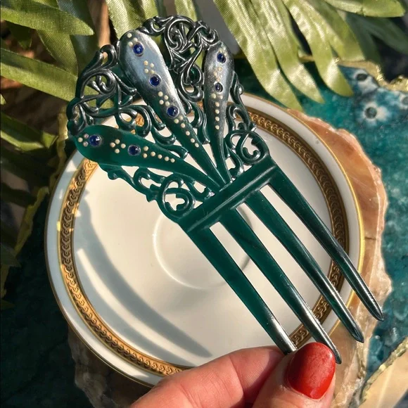 Vintage teal hair comb with matching hair clips Flower Hair Comb, Bridal Teal Hair Accessory, Bridesmaids  main image 3